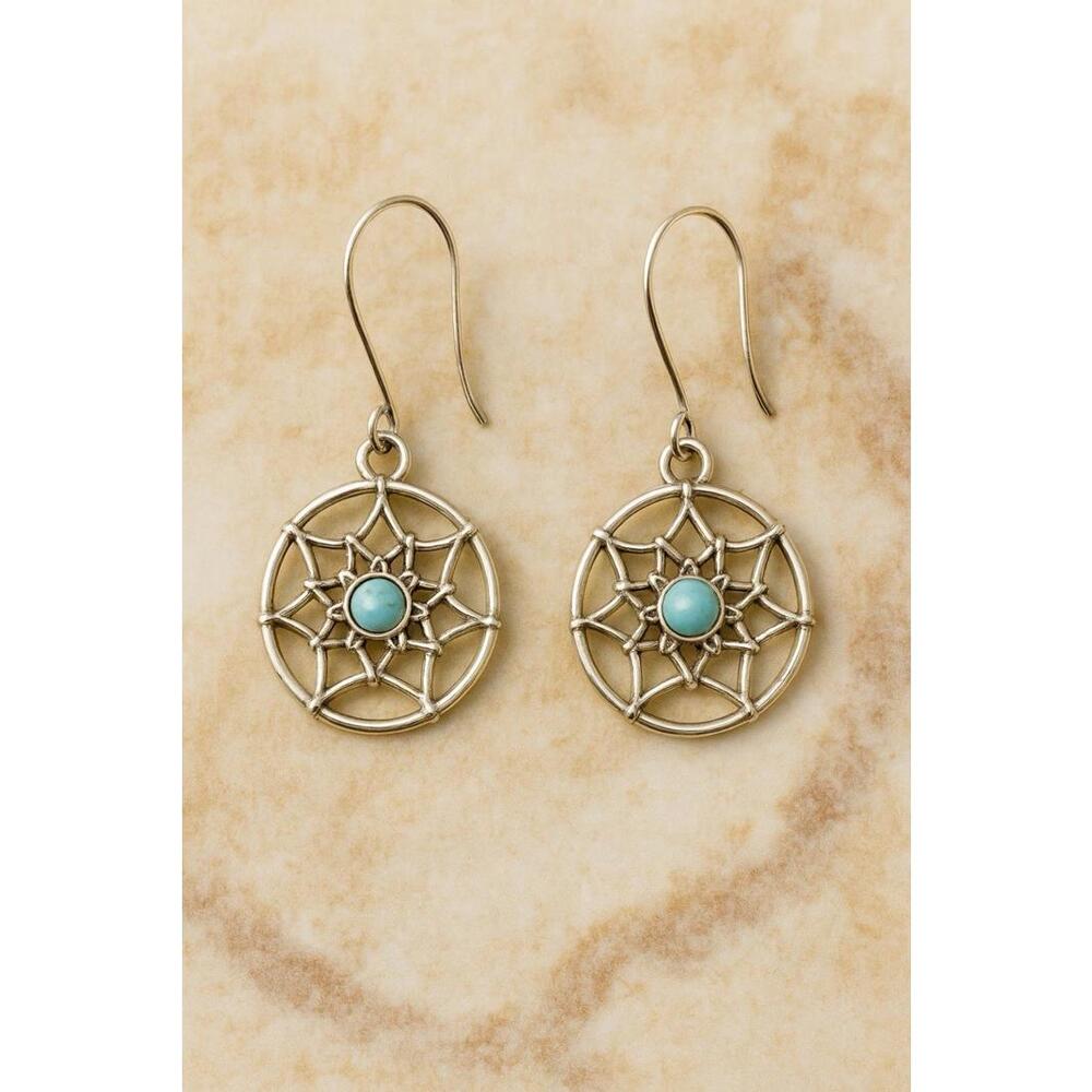 Dreamcatcher Dangle Earrings – 1 in - Turquoise Look Stone – Silver Tone – New
